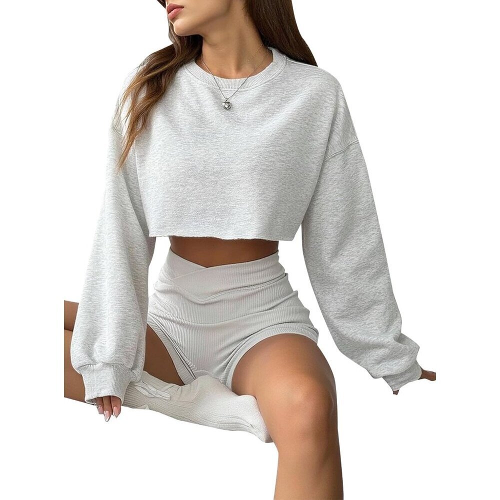 Women's Cropped Sweatshirt Fleece Small Grey Crewneck Drop Shoulder Pullover - Picture 5 of 6